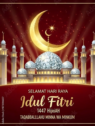 Eid al Fitr Celebration with Mosque and Crescent Moon.