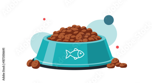 Teal bowl filled with brown dry kibble cat food with some pieces scattered around on a white background with abstract geometric shapes.