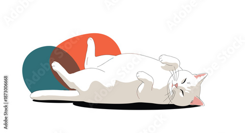 Peaceful white cat sleeping soundly on its back with paws up against a background of abstract teal and orange shapes on a clean white background.
