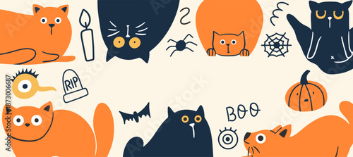 Halloween banner with funny black and red cats. A spooky frame for the holiday.