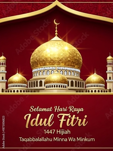 Eid al-Fitr Celebration with Golden Mosque Illustration.
