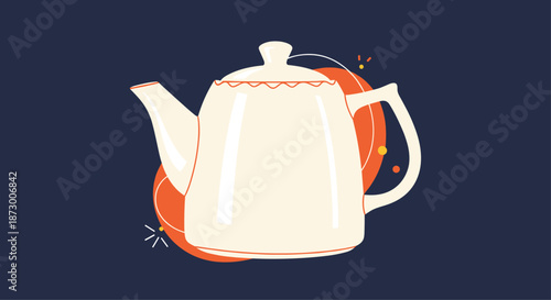 Elegant cream-colored teapot stands against a dark navy background with artistic orange circles and decorative spark elements.