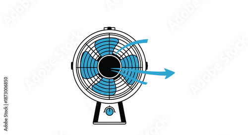 Electric desk fan with blue blades and a protective cage blows a cool breeze to provide relief from the heat in summer days.