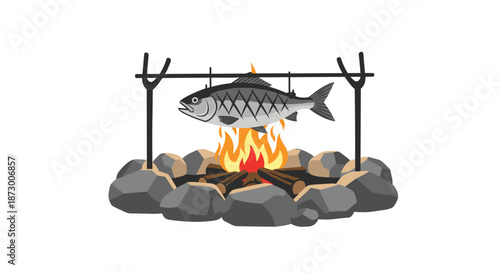 Large fish on a spit rotates over a crackling wood campfire surrounded by stones in a rugged outdoor survival or camping scene.