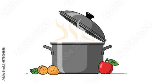 Steaming grey cooking pot sits among fresh apples and potatoes on a kitchen table during a healthy meal preparation session.