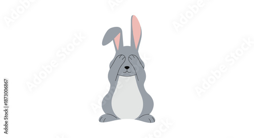 Sweet grey and white rabbit sits quietly while covering its eyes with its paws in a playful game of hide and seek illustration.