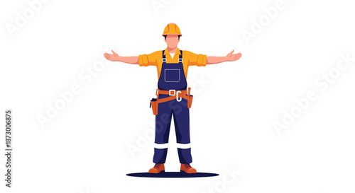 Professional construction worker in a yellow hard hat and blue overalls stands with open arms to welcome a new project site.