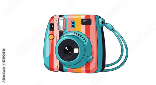 Trendy instant camera with vibrant vertical stripes and a turquoise lens body stands as a creative tool for capturing memories.