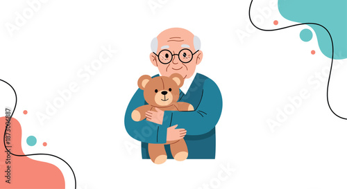 Kind elderly man with glasses and a blue sweater shares a tender moment while hugging a soft brown teddy bear with affection.