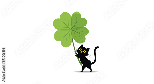 Small black cat with bright yellow eyes walks joyfully while carrying a giant green four-leaf clover as a lucky charm icon.