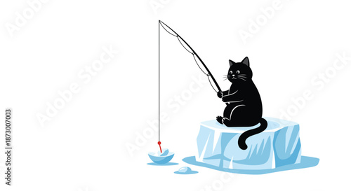 Whimsical scene of a black cat sitting on a blue iceberg and holding a fishing rod over a hole in the frozen water.