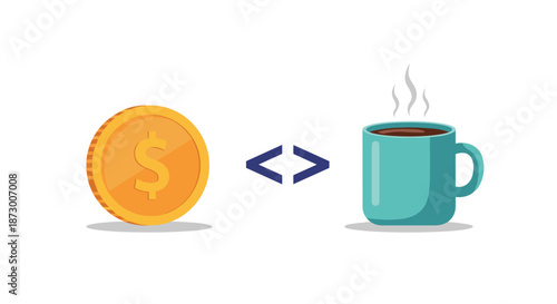 Conceptual illustration showing a gold dollar coin and a blue cup of steaming hot coffee with a programming code symbol in between.