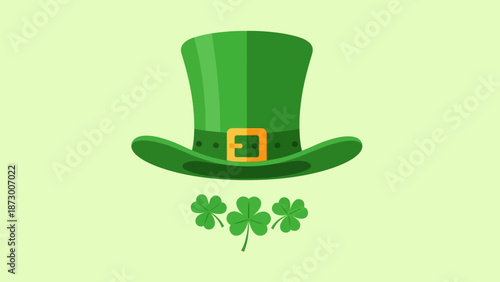 A vibrant illustration of a green top hat and shamrocks on a light green background