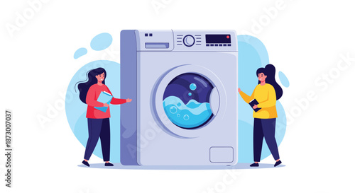 Two professional women standing next to a large modern washing machine discussing laundry services or appliance features.