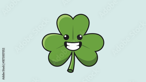 A cartoon four-leaf clover with a smiley face on a light blue background