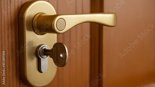 Key inserted into door lock closeup home security concept