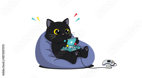 Cute black cat sitting comfortably in a blue beanbag chair while intensely playing a colorful handheld video game console.