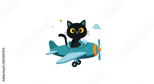 Playful cartoon illustration of a cute black cat wearing goggles while flying a small blue propeller airplane in the sky.
