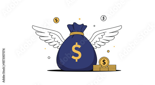 Conceptual illustration of a large blue money bag with a dollar sign and white angel wings surrounded by gold coins.