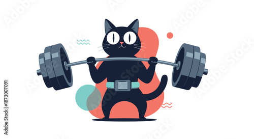 Humorous illustration of a strong black cat wearing a weightlifting belt and successfully lifting a heavy barbell over its head.
