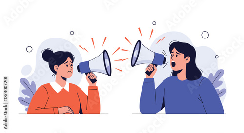 Two women standing face-to-face and shouting loudly through blue and white megaphones to express conflict or loud communication.