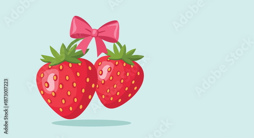 Two fresh red strawberries tied together with beautiful pink ribbon bow, vector art isolated on soft light blue background.