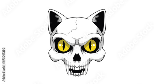 Stylized cat skull illustration featuring large glowing yellow eyes and sharp fangs, vector art on plain white background.