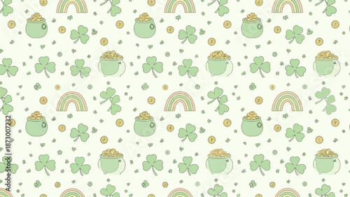 Celebratory St. Patrick's Day Pattern with Pot of Gold, Rainbows, and Shamrocks