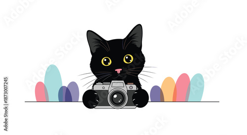 Cute black kitten with big yellow eyes holding small vintage camera, colorful abstract shapes on plain white background.