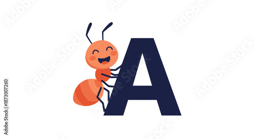Happy cartoon ant character pushing large dark blue letter A, education and alphabet concept vector illustration art design.