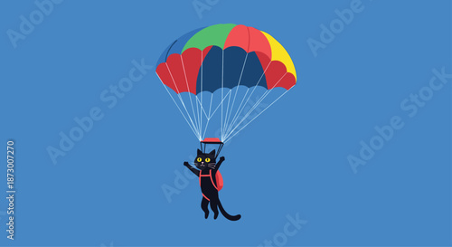 Adventurous black cat with bright yellow eyes skydiving through blue sky with colorful parachute, fun vector illustration.