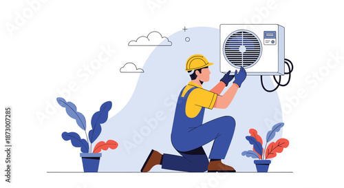 Professional technician in blue overalls and yellow hard hat repairing air conditioning unit, service concept flat illustration.