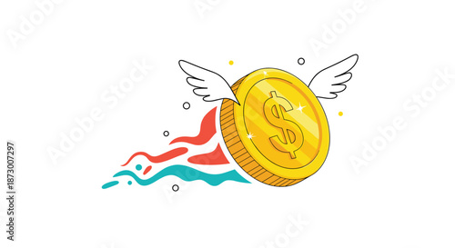 Shiny gold dollar coin with white wings flying through air with colorful smoke trail, financial growth concept illustration.