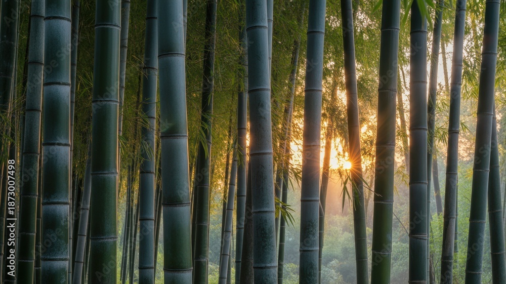 Fototapeta premium Tranquil Bamboo Forest with Sun Rays at Dawn