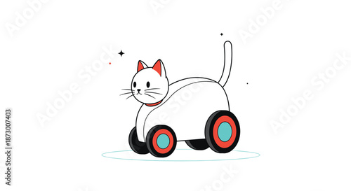 Futuristic white robot cat on large wheels with red and teal accents, advanced technology and pet robot concept illustration art.