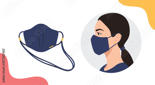 Side profile view of a woman wearing a dark blue fabric face mask with adjustable straps for protection against air pollutants.