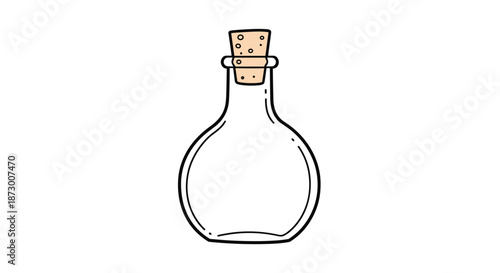 Empty clear glass bottle with a bulbous base and a tapered neck, sealed with a textured cork stopper on a white background.