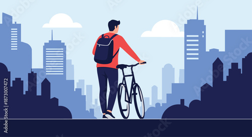 Rear view of a man with a backpack walking beside his bicycle through an urban landscape with tall blue city skyscrapers.