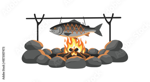 Large whole fish being roasted on a wooden spit over a crackling campfire surrounded by smooth grey river stones.