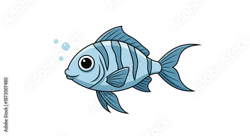 Cute blue fish with vertical black stripes swimming peacefully in water, accompanied by small rising air bubbles.