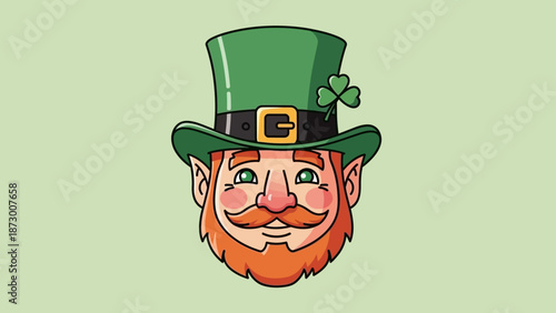 A cheerful leprechaun face wearing a green hat with shamrock adornment