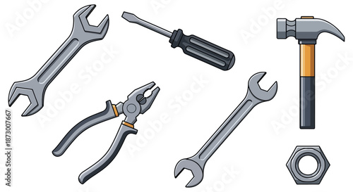 Assortment of hand tools isolated on black background for repair and construction