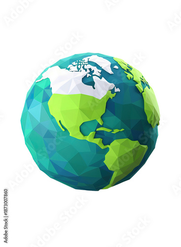 Global Perspective: A low-poly rendered Earth model showcases continents with vibrant colors, embodying themes of sustainability and global unity.
