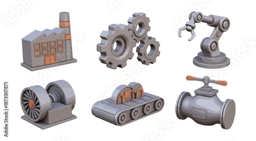 Industrial icons set factory gear robotic arm machine elements