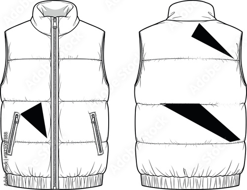Technical fashion flat sketch vector of white puffer vest with front and back views for apparel design and tech packs.