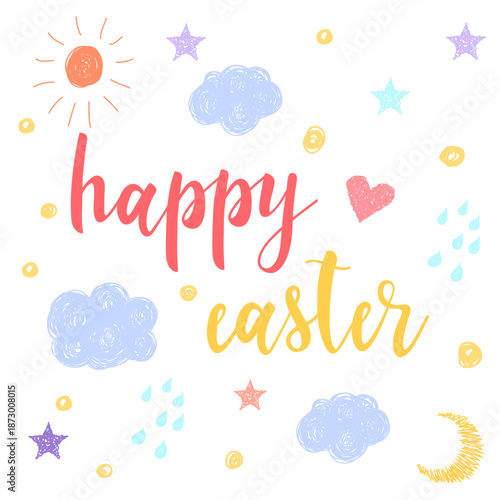 Happy Easter Greeting Card. Cartoon Funny Childish Element. Cute Drawn Scribble Sketch Outline.  Spring Easter Holiday Tradition Theme. Pastel Soft Colored Art. 