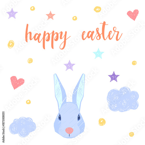 Happy Easter Greeting Card. Cartoon  Bunny Funny Childish Portrait. Cute Drawn Rabbit. Egg Hunt Spring Easter Holiday Tradition Theme. Pastel Soft Colored Art. 