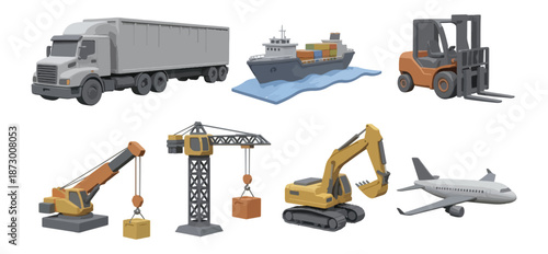 Transportation and construction equipment set with truck ship crane and more