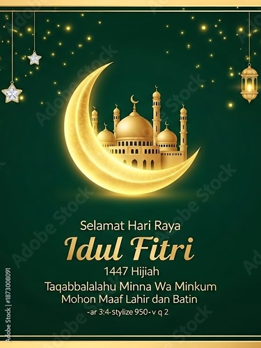 Idul Fitri Greeting Card with Mosque and Crescent Moon.