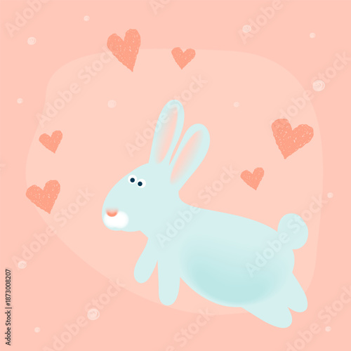 Happy Easter Greeting Card. Cartoon  Bunny Funny Childish Portrait. Cute Drawn Rabbit. Egg Hunt Spring Easter Holiday Tradition Theme. Pastel Soft Colored Art. 